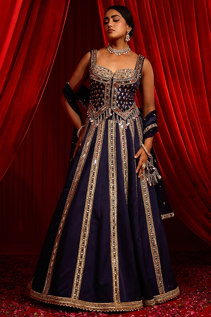 Blue Georgette Mirror Embroidered Wedding Lehenga Set by Nidhika Shekhar at Pernia's Pop Up Shop
