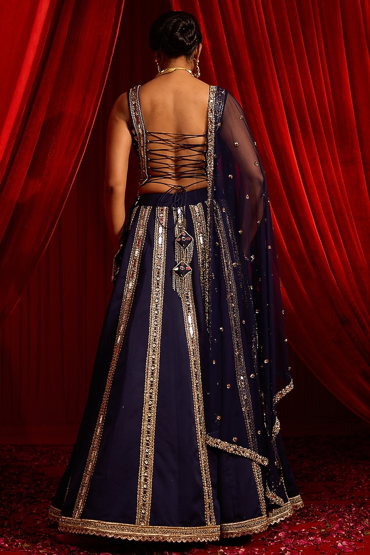 Blue Georgette Mirror Embroidered Wedding Lehenga Set by Nidhika Shekhar at Pernia's Pop Up Shop