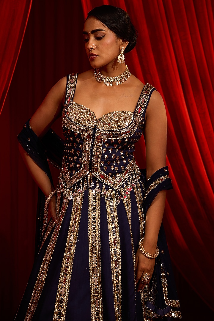 Blue Georgette Mirror Embroidered Wedding Lehenga Set by Nidhika Shekhar at Pernia's Pop Up Shop