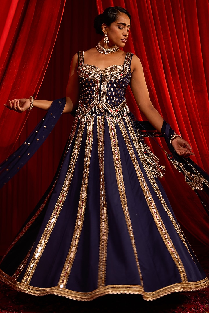 Blue Georgette Mirror Embroidered Wedding Lehenga Set by Nidhika Shekhar at Pernia's Pop Up Shop