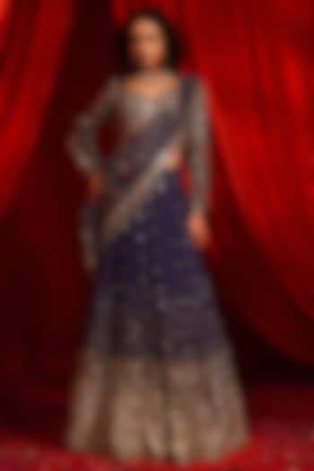 Blue Modal Satin & Net Embroidered Reception Lehenga Saree Set by Nidhika Shekhar at Pernia's Pop Up Shop