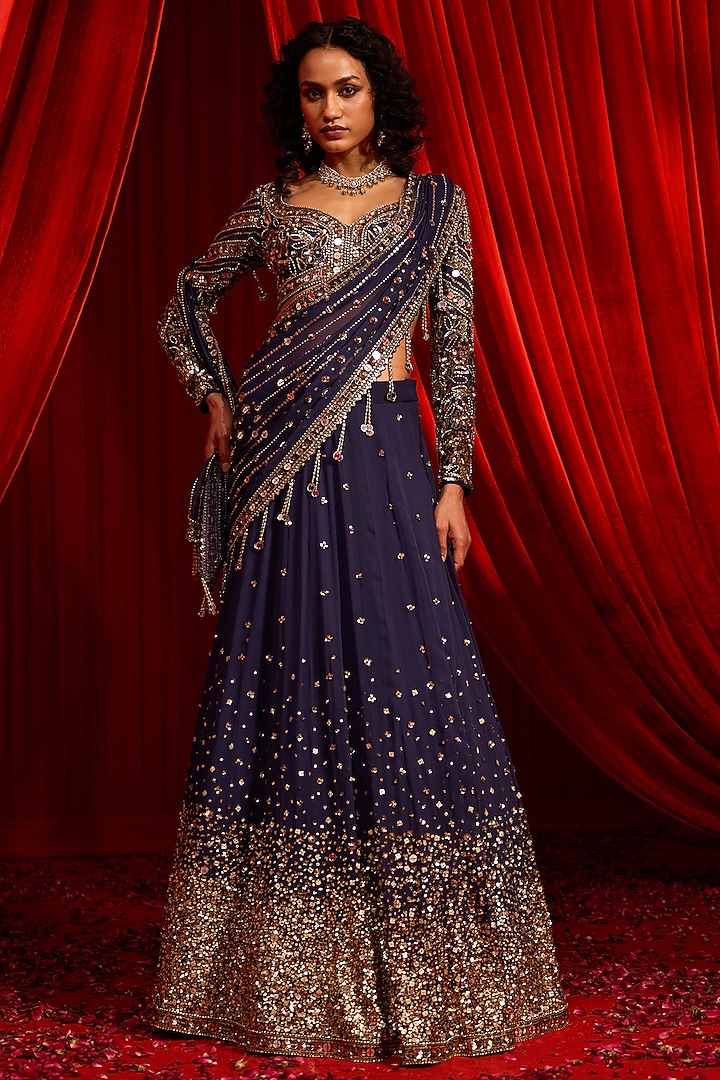 Blue Modal Satin & Net Embroidered Reception Lehenga Saree Set by Nidhika Shekhar at Pernia's Pop Up Shop