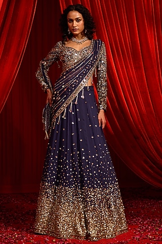 Blue Modal Satin & Net Embroidered Lehenga Saree Set by Nidhika Shekhar