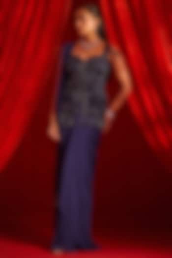 Blue Georgette Draped Wedding Saree Set by Nidhika Shekhar at Pernia's Pop Up Shop