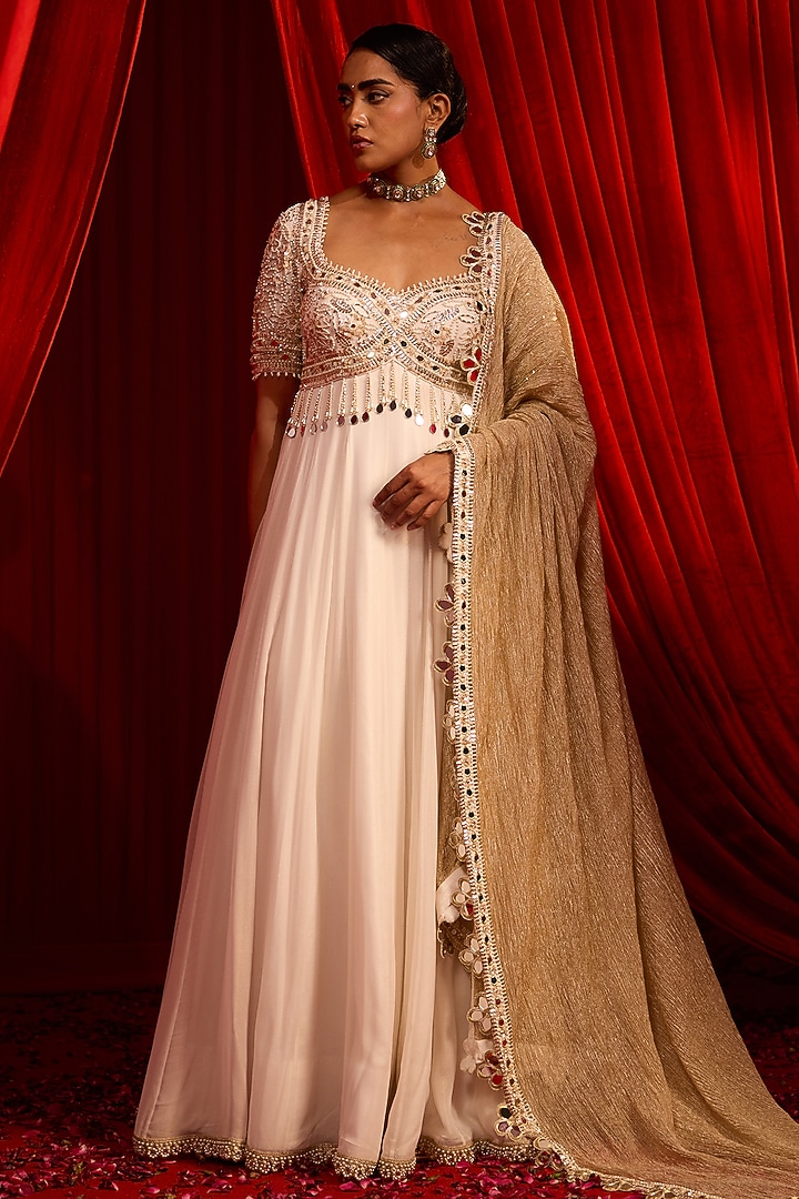 Ivory Georgette & Tissue Embroidered Wedding Anarkali Set by Nidhika Shekhar at Pernia's Pop Up Shop