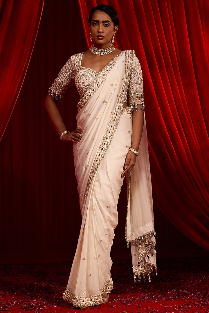 Ivory Crepe Embroidered Draped Wedding Saree Set by Nidhika Shekhar at Pernia's Pop Up Shop