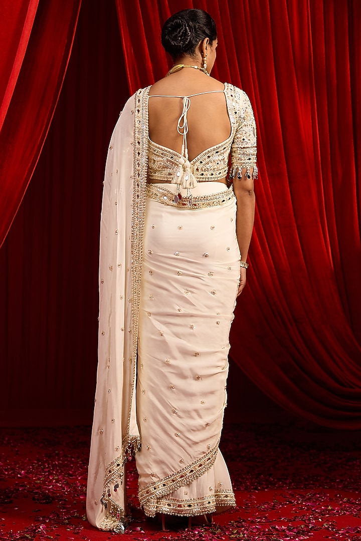 Ivory Crepe Embroidered Draped Wedding Saree Set by Nidhika Shekhar at Pernia's Pop Up Shop