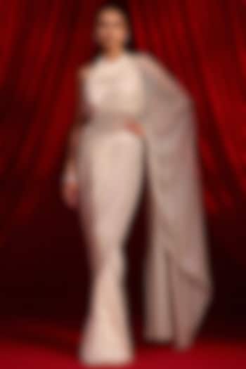 Ivory Crepe Draped Wedding Saree Set by Nidhika Shekhar at Pernia's Pop Up Shop