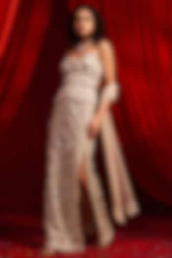 Grey Crepe & Sequins Organza Embroidered Wedding Lehenga Set by Nidhika Shekhar at Pernia's Pop Up Shop