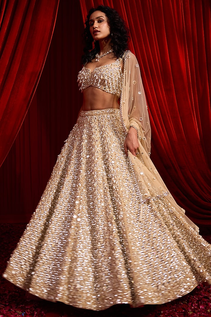 Golden Crepe & Net Hand Embroidered Bridal Lehenga Set by Nidhika Shekhar at Pernia's Pop Up Shop