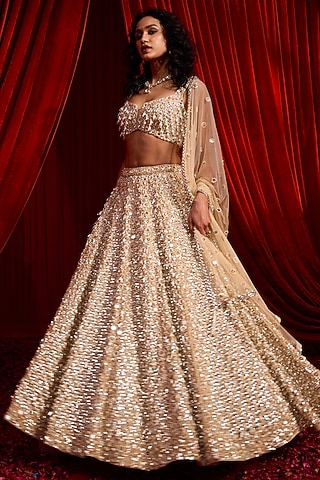 Golden Crepe & Net Hand Embroidered Lehenga Set by Nidhika Shekhar
