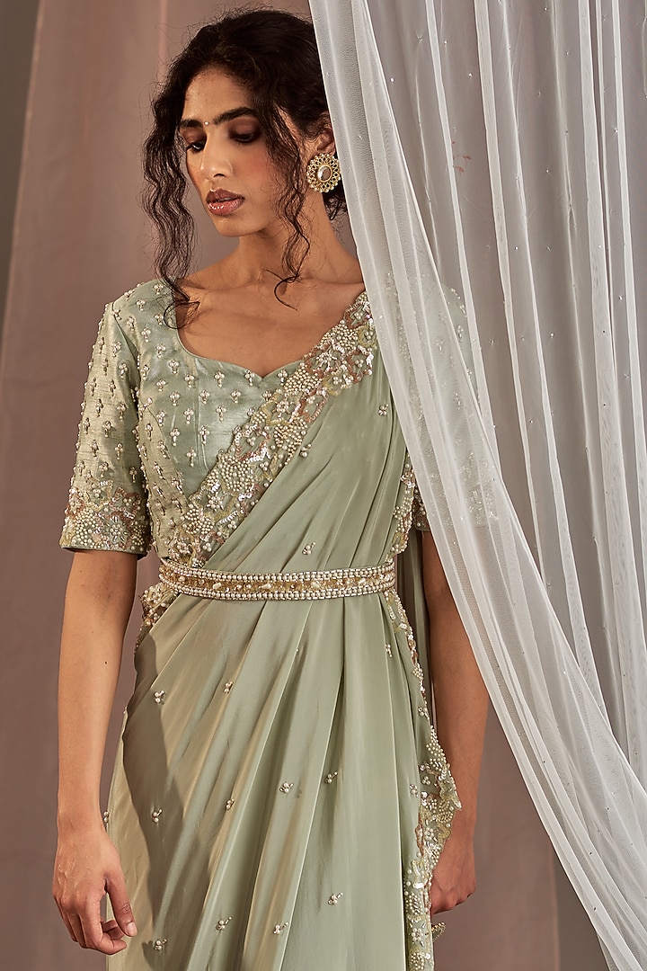 Pastel Green Hand Embroidered Draped Wedding Saree Set by Nidhika Shekhar at Pernia's Pop Up Shop