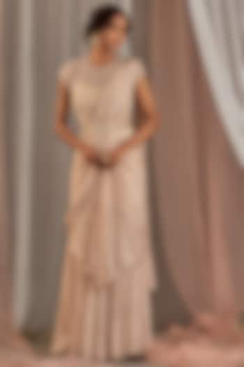 Rose Champagne Organza Swarovski Hand Embroidered Draped Wedding Saree Set by Nidhika Shekhar at Pernia's Pop Up Shop