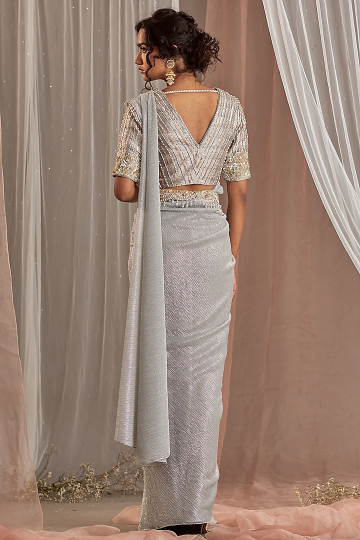 Grey Crepe Hand Embroidered Draped Wedding Saree Set by Nidhika Shekhar at Pernia's Pop Up Shop