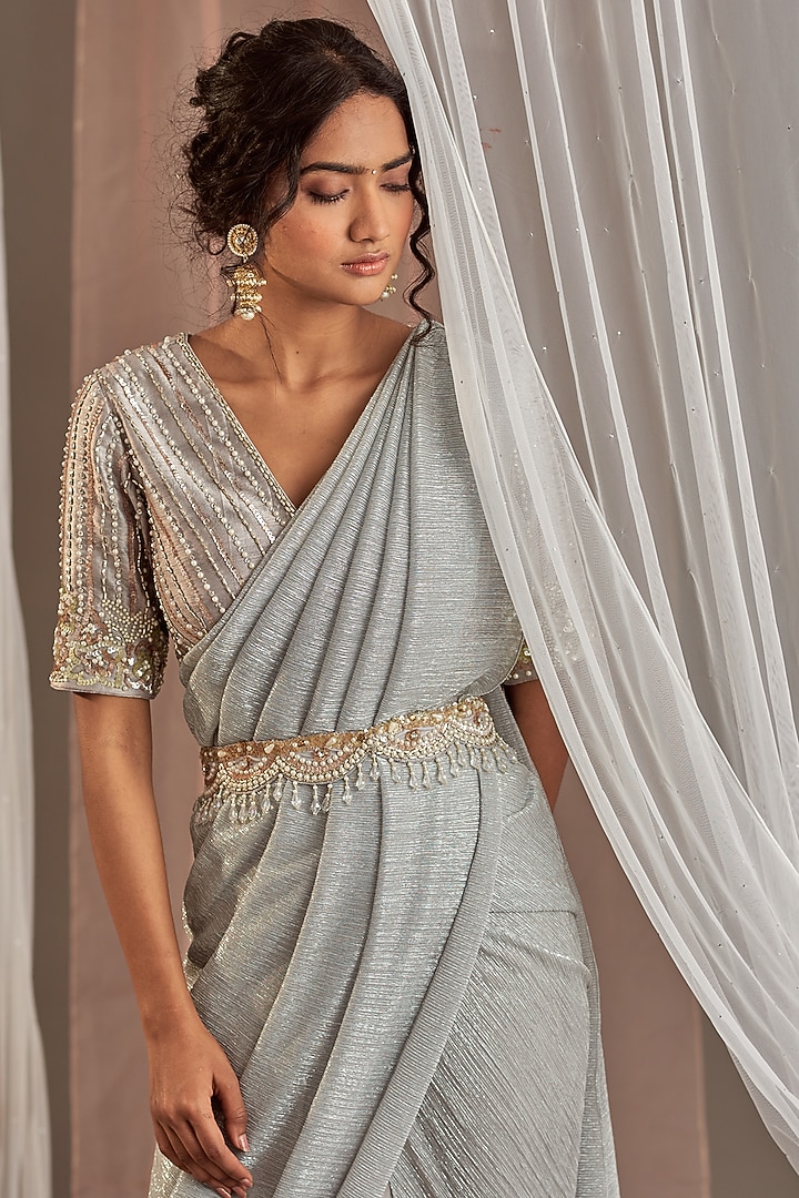 Grey Crepe Hand Embroidered Draped Wedding Saree Set by Nidhika Shekhar at Pernia's Pop Up Shop