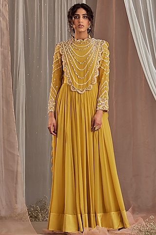 Yellow Hand Embroidered Anarkali by Nidhika Shekhar