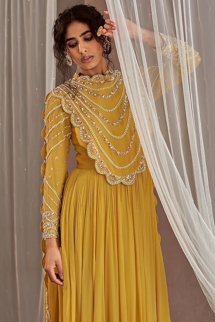 Yellow Hand Embroidered Wedding Anarkali by Nidhika Shekhar at Pernia's Pop Up Shop