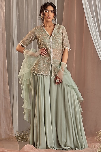 Dull Green Organza Wedding Sharara Set by Nidhika Shekhar at Pernia's Pop Up Shop