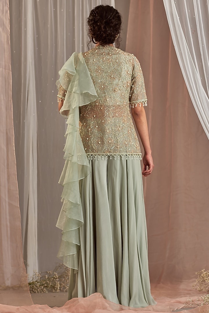 Dull Green Organza Wedding Sharara Set by Nidhika Shekhar at Pernia's Pop Up Shop