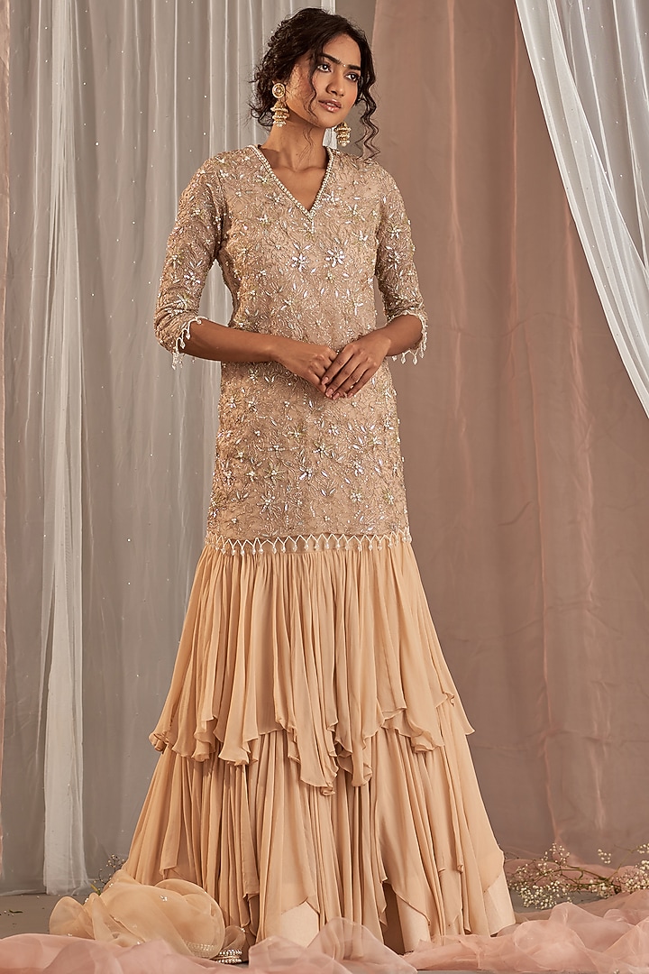 Champagne Organza & Georgette Sequins Embroidered Kurta Set by Nidhika Shekhar at Pernia's Pop Up Shop
