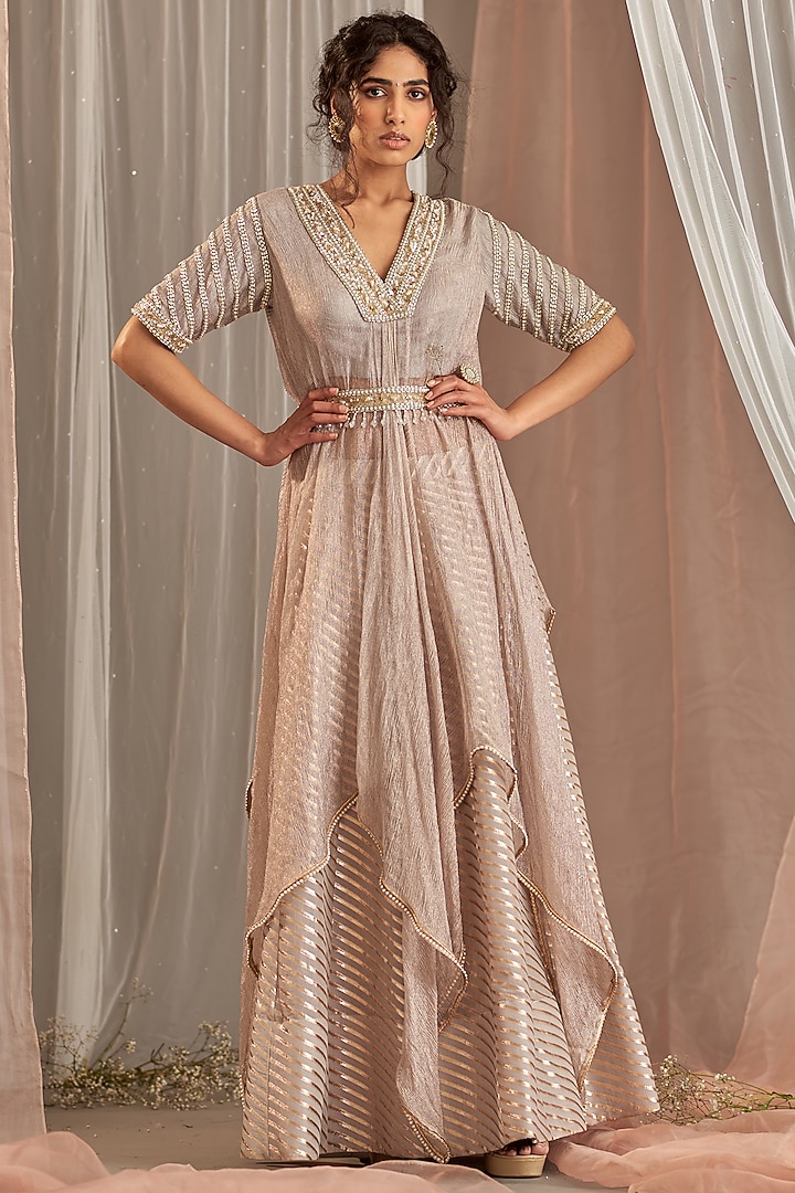 Grey Crushed Tissue Sequins Hand Embroidered Draped Kurta Set by Nidhika Shekhar at Pernia's Pop Up Shop