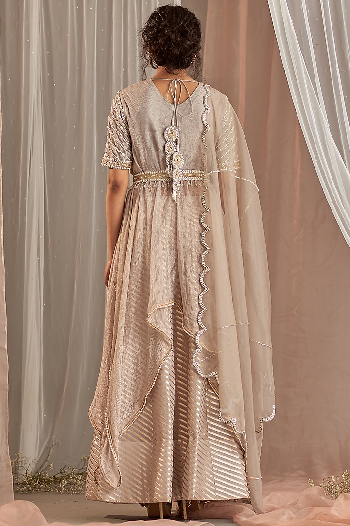 Grey Crushed Tissue Sequins Hand Embroidered Draped Kurta Set by Nidhika Shekhar at Pernia's Pop Up Shop