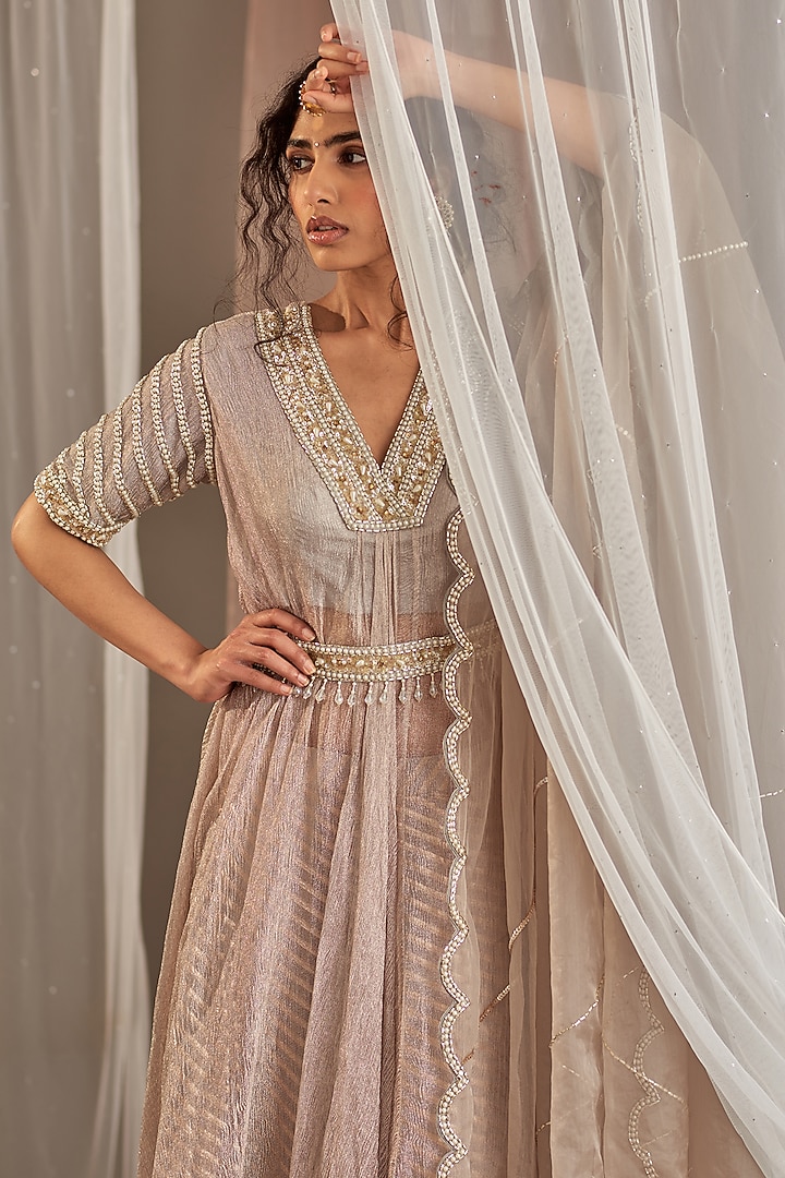 Grey Crushed Tissue Sequins Hand Embroidered Draped Kurta Set by Nidhika Shekhar at Pernia's Pop Up Shop