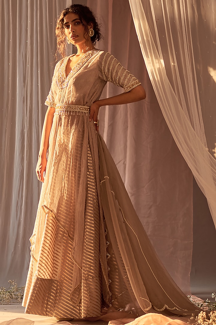 Grey Crushed Tissue Sequins Hand Embroidered Draped Kurta Set by Nidhika Shekhar at Pernia's Pop Up Shop