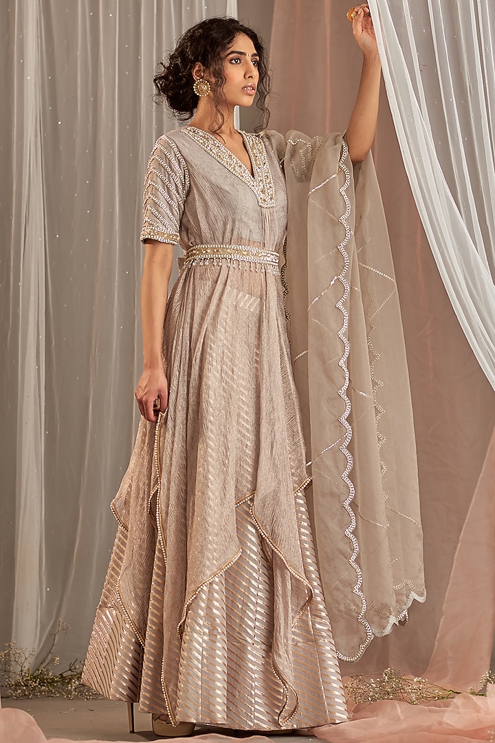 Grey Crushed Tissue Sequins Hand Embroidered Draped Kurta Set by Nidhika Shekhar at Pernia's Pop Up Shop