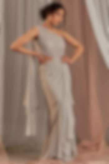 Grey Hand Embroidered Draped Gown by Nidhika Shekhar