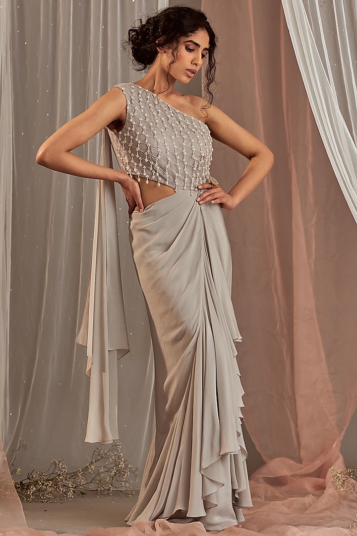 Grey Hand Embroidered Draped Gown by Nidhika Shekhar