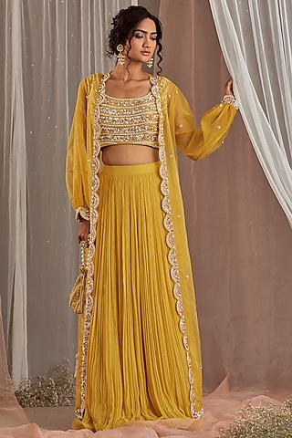 Yellow Crinckle Georgette Lehenga Set by Nidhika Shekhar