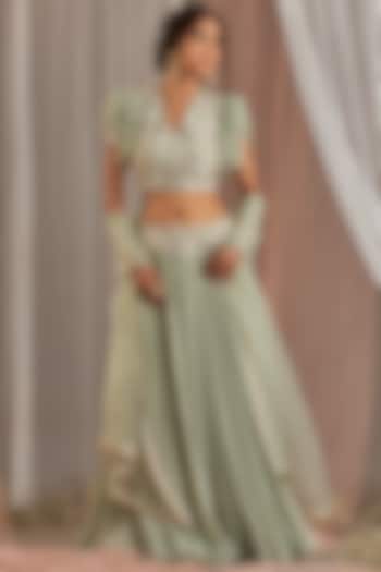 Dull Green Hand Embroidered Lehenga Set by Nidhika Shekhar