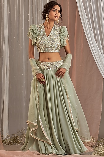 Dull Green Hand Embroidered Wedding Lehenga Set by Nidhika Shekhar at Pernia's Pop Up Shop