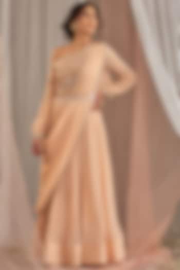 Salmon Pink Hand Embroidered One-Shoulder Wedding Anarkali Set by Nidhika Shekhar at Pernia's Pop Up Shop