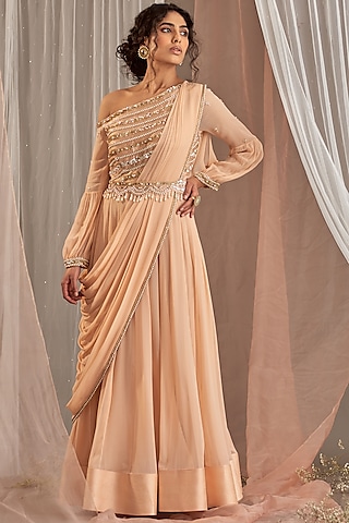 Salmon Pink Hand Embroidered One-Shoulder Anarkali Set by Nidhika Shekhar