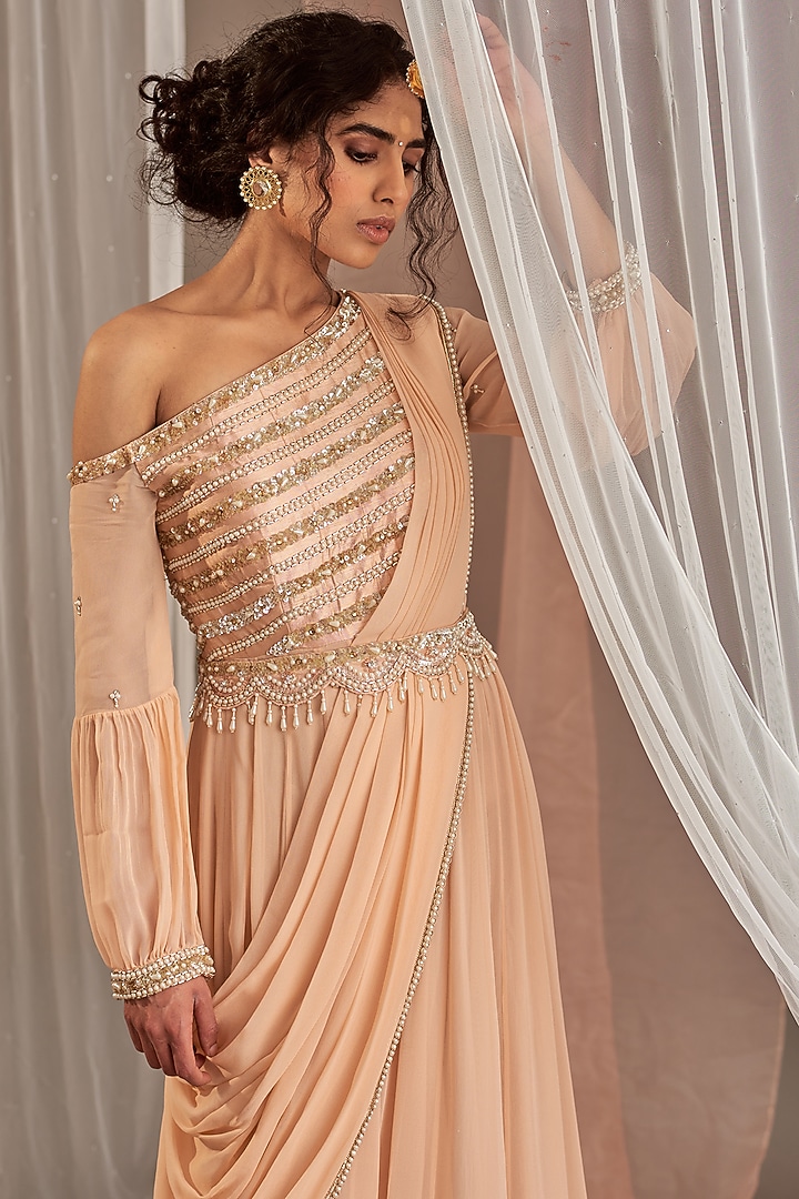 one shoulder anarkali dress Light Pink One Shoulder Anarkali