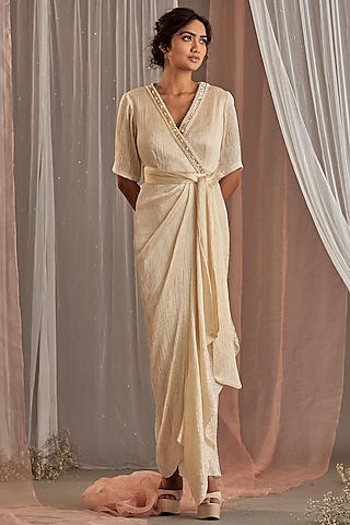 Ivory Crinkle Silk Hand Embroidered Tie-Up Dress by Nidhika Shekhar