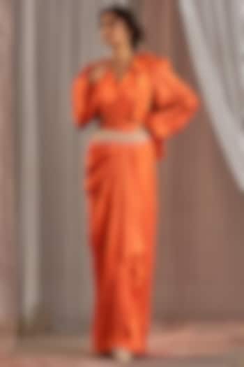 Orange Crinkle Silk Draped Skirt Set by Nidhika Shekhar