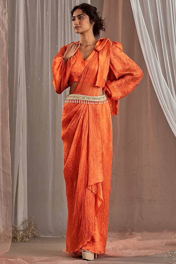 Orange Crinkle Silk Draped Skirt Set by Nidhika Shekhar