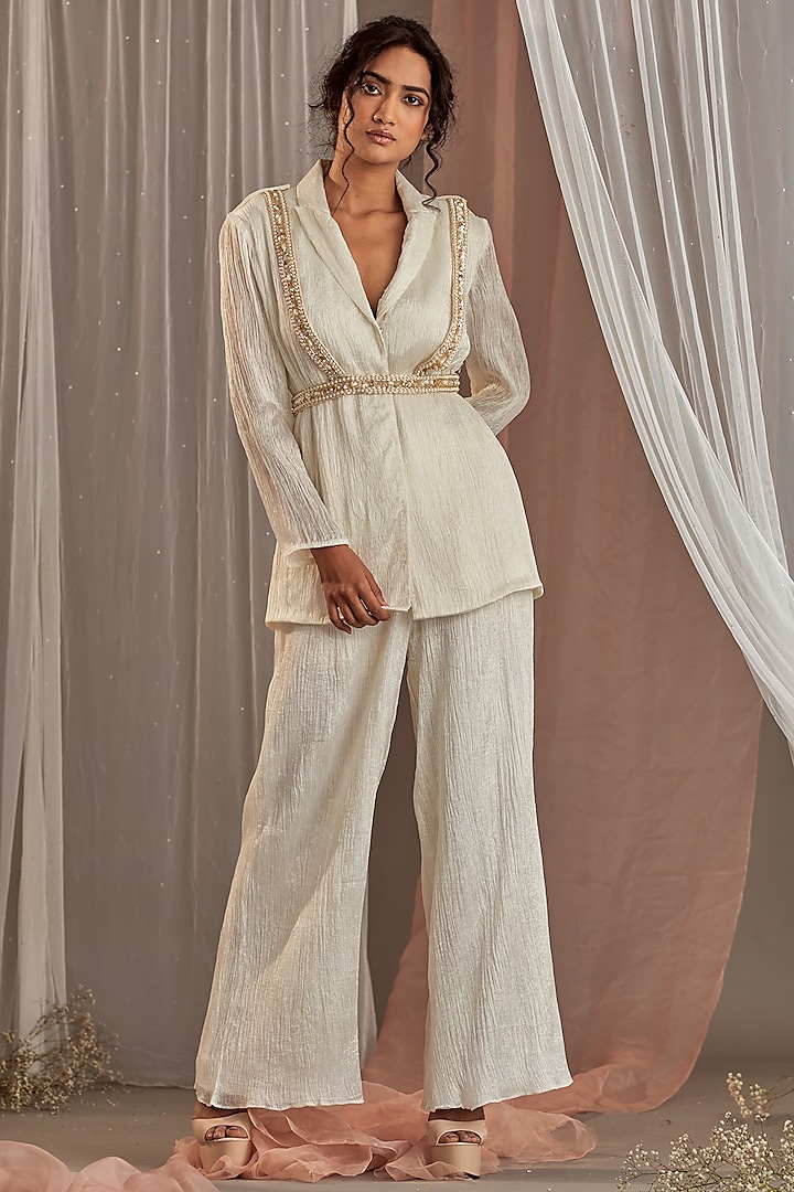 White Crinkle Silk Blazer Set by Nidhika Shekhar
