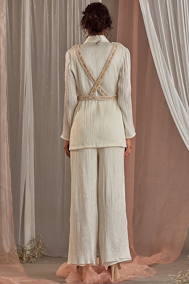White Crinkle Silk Blazer Set by Nidhika Shekhar at Pernia's Pop Up Shop