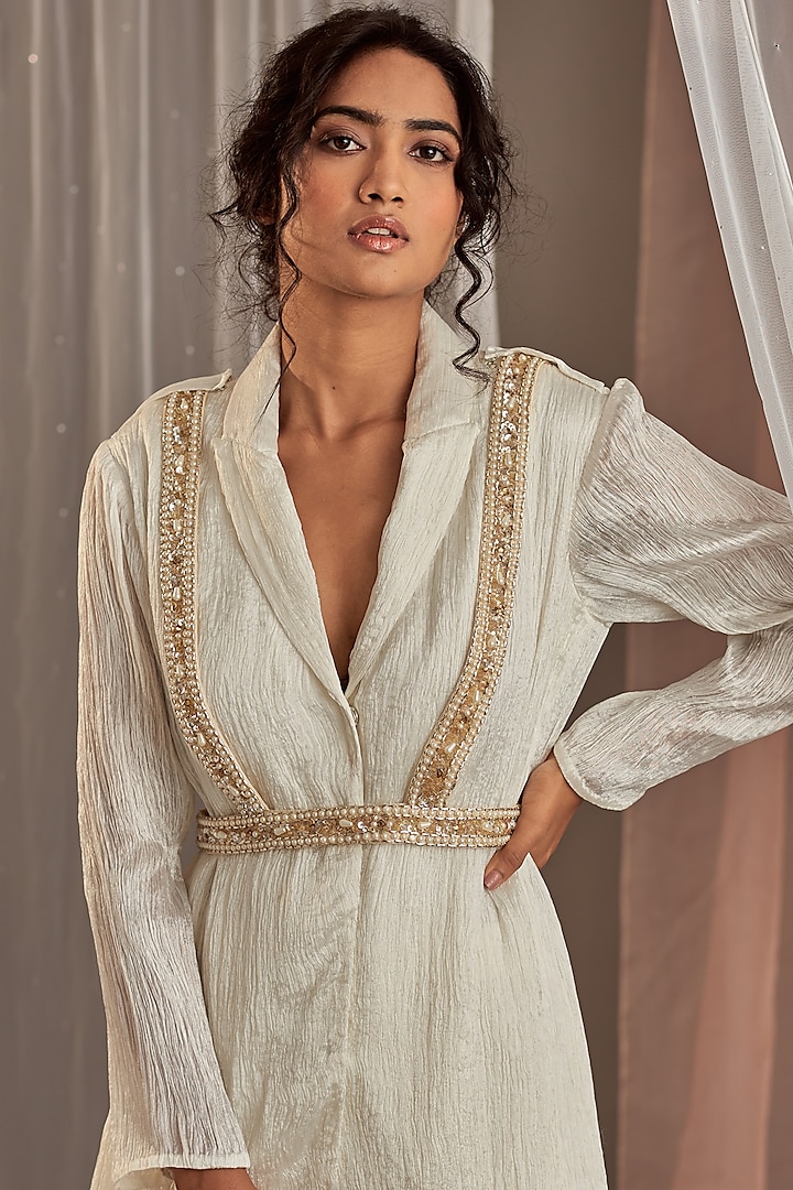 White Crinkle Silk Blazer Set by Nidhika Shekhar at Pernia's Pop Up Shop
