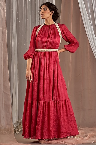 Hot Pink Crinkle Silk Dress With Embellished Belt by Nidhika Shekhar
