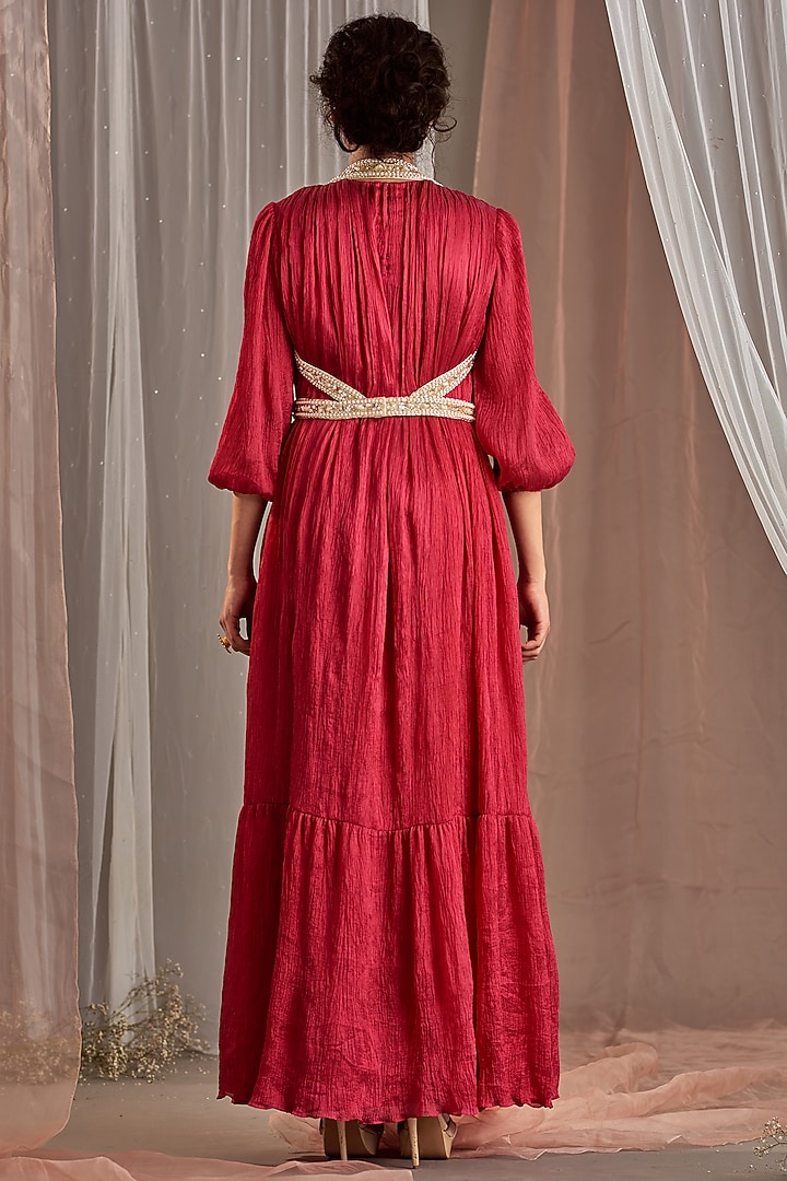Hot Pink Crinkle Silk Vacation Dress With Embellished Belt by Nidhika Shekhar at Pernia's Pop Up Shop