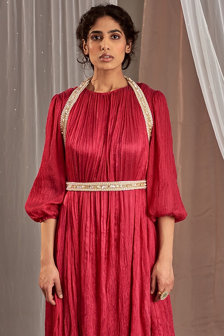 Hot Pink Crinkle Silk Vacation Dress With Embellished Belt by Nidhika Shekhar at Pernia's Pop Up Shop