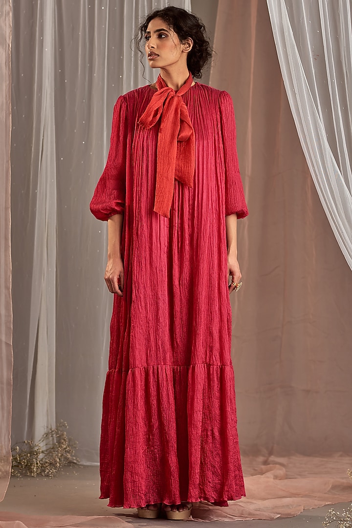 Hot Pink Crinkle Silk Vacation Dress With Embellished Belt by Nidhika Shekhar at Pernia's Pop Up Shop