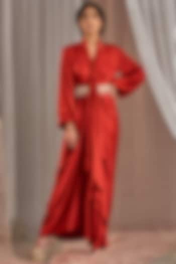 Red Hand Modal Satin Draped Dress by Nidhika Shekhar