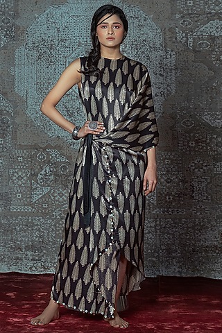 Black & Off-White Modal Ajrakh Block Printed Maxi Dress by Nidhika Shekhar