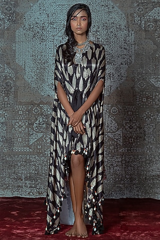 Black & Off-White Modal Ajrakh Block Printed Asymmetrical Dress by Nidhika Shekhar